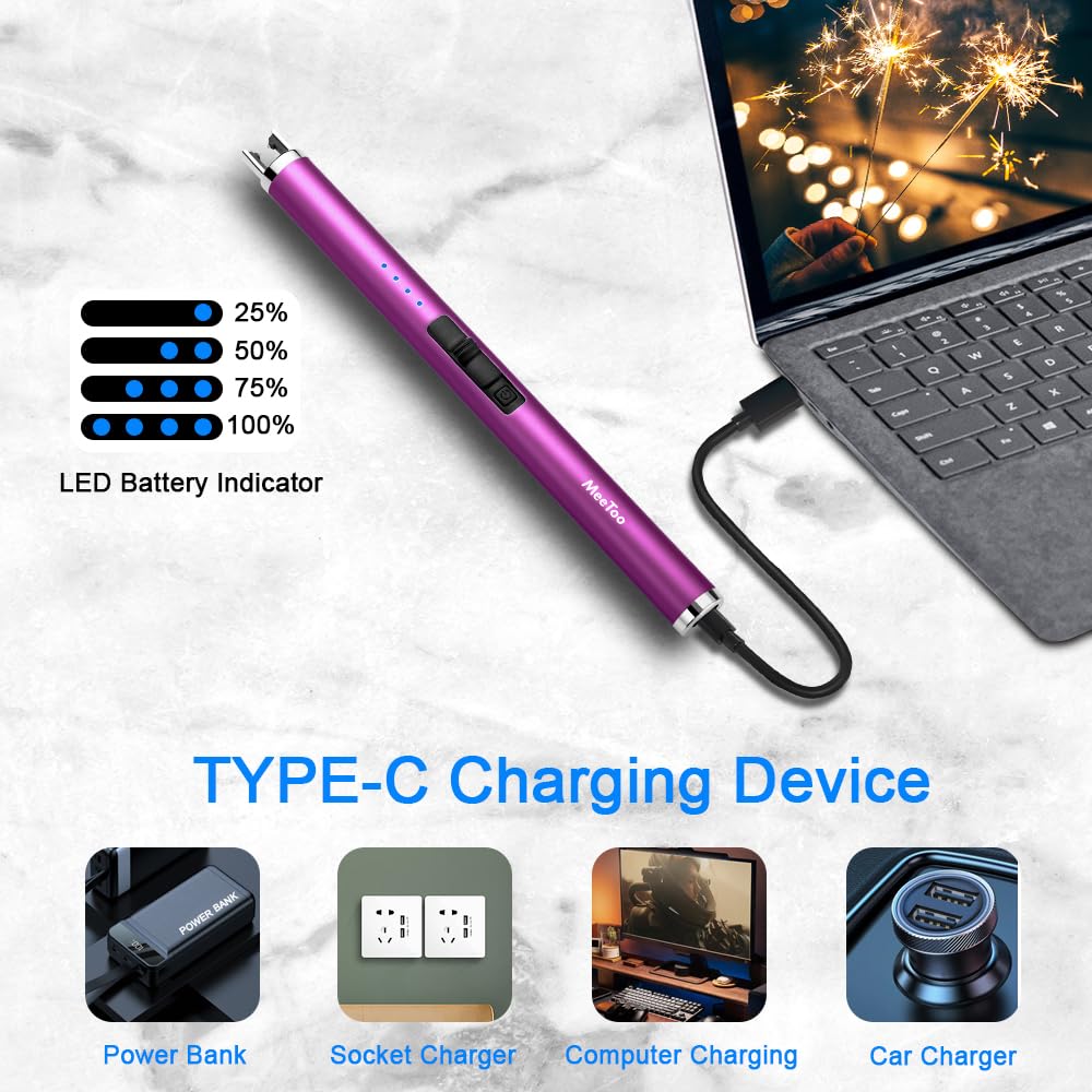 MeeToo Candle Electric Lighter Rechargeable USB Type-C Lighters for Candle Christmas Kitchen Camping Party, Gifts for Wife Women Men Nana Black