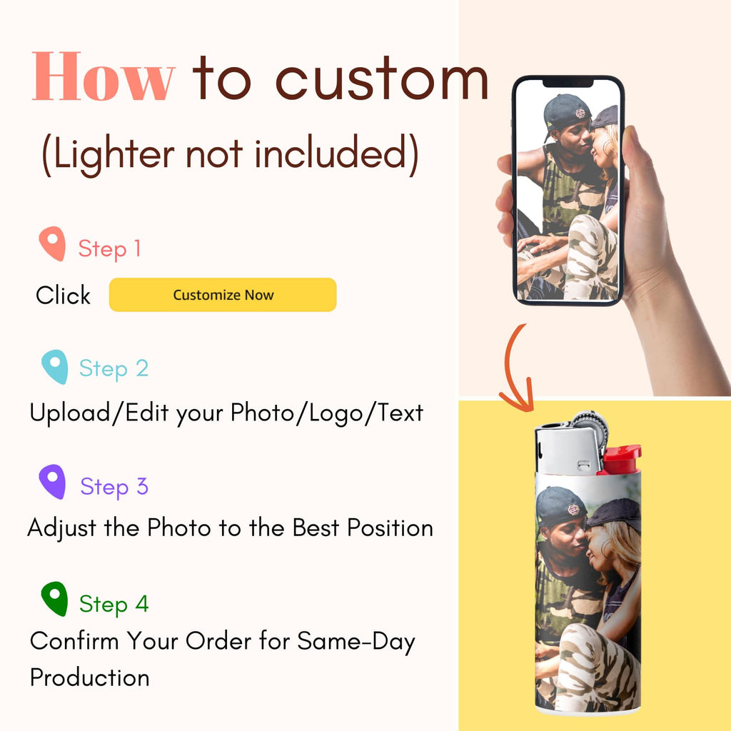 Custom Lighter Stickers with Own Pictures, Personalize Lighters PVC Film Wraps Reusable up to 3 Times - 4 Pack Upload 4 Photos Suitable for Bic Pocket Lighter Ideal for Gifts(Lighter Not Included)